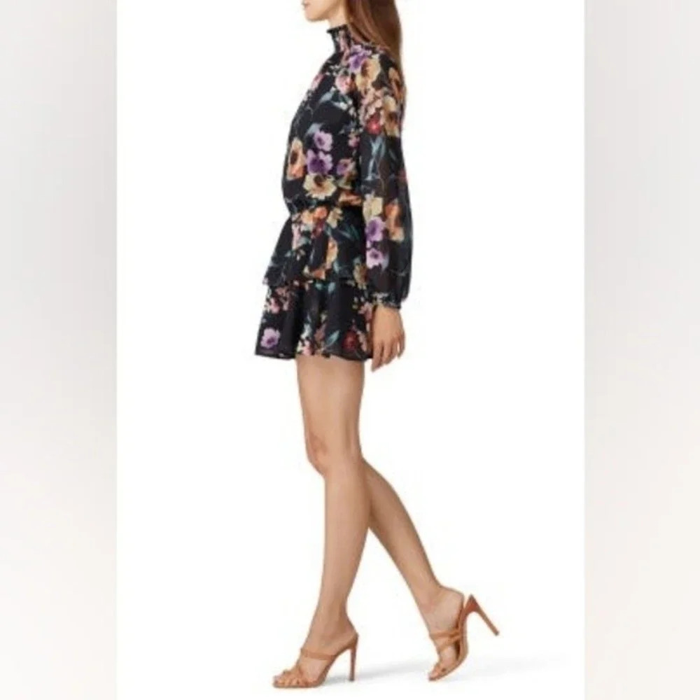 Yumi Kim Class Act Long Sleeve Floral Mock Neck Ruffle Mini Dress Black XS NWT - Picture 6 of 15
